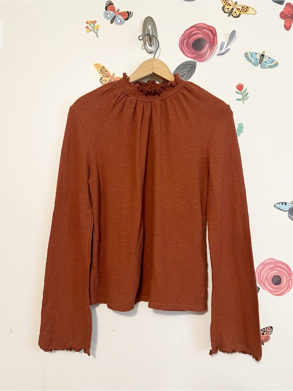 Madewell Rust Ruffled Mock-Neck Long Sleeve Top M